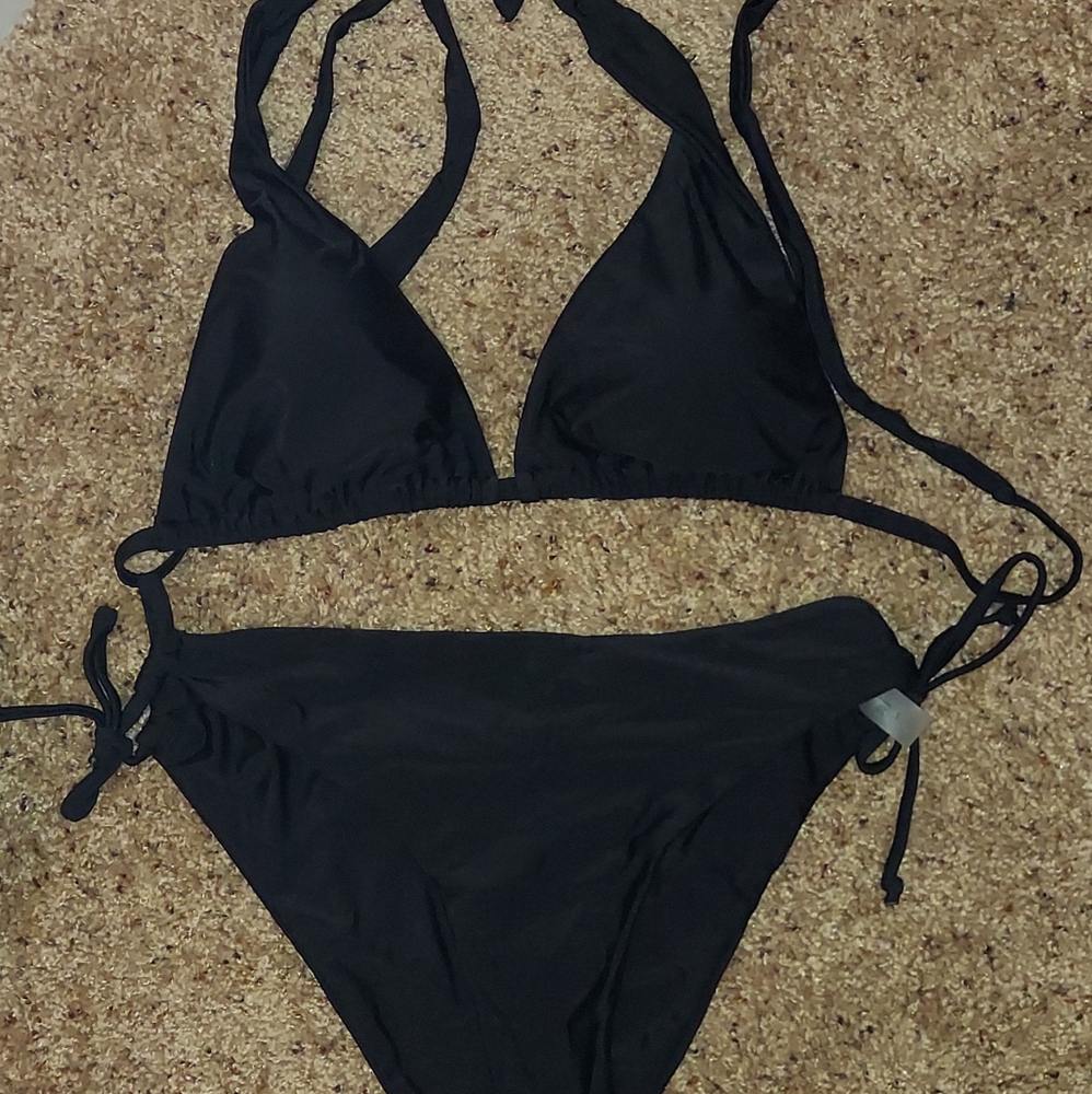 Black halter top bikini with O ring tie bottoms